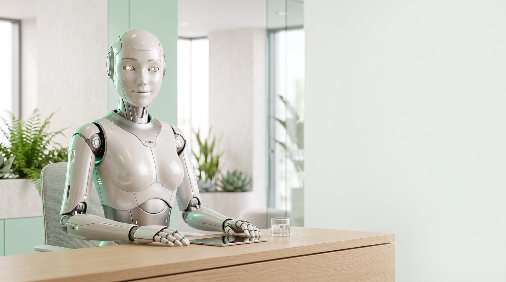 An AI receptionist robot at a bright modern reception desk